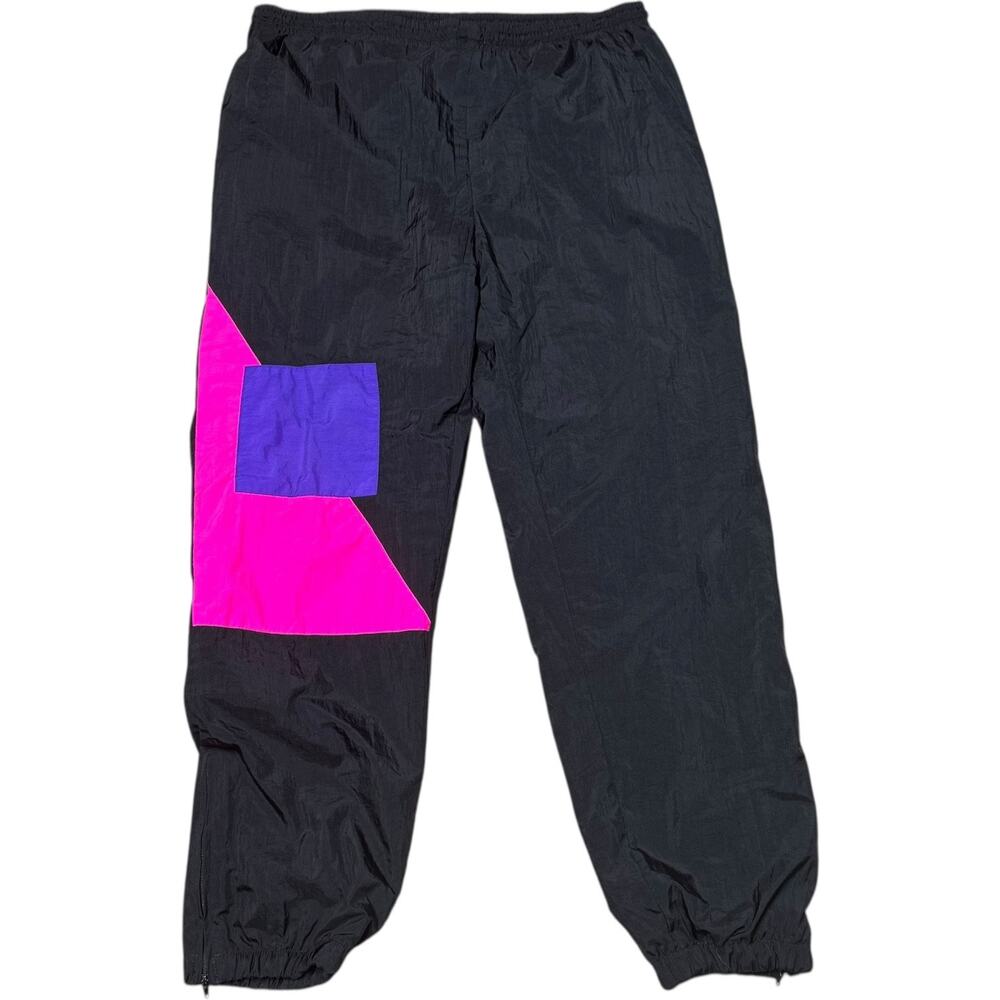 Lined Wind Suit Pants Vintage 80s Nylon Black Neon Pink Purple Yellow Small
